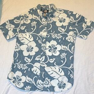 Reyn Spooner Button Down Shirt Mens L Blue Floral Tailored Fit Cotton Hawaiian